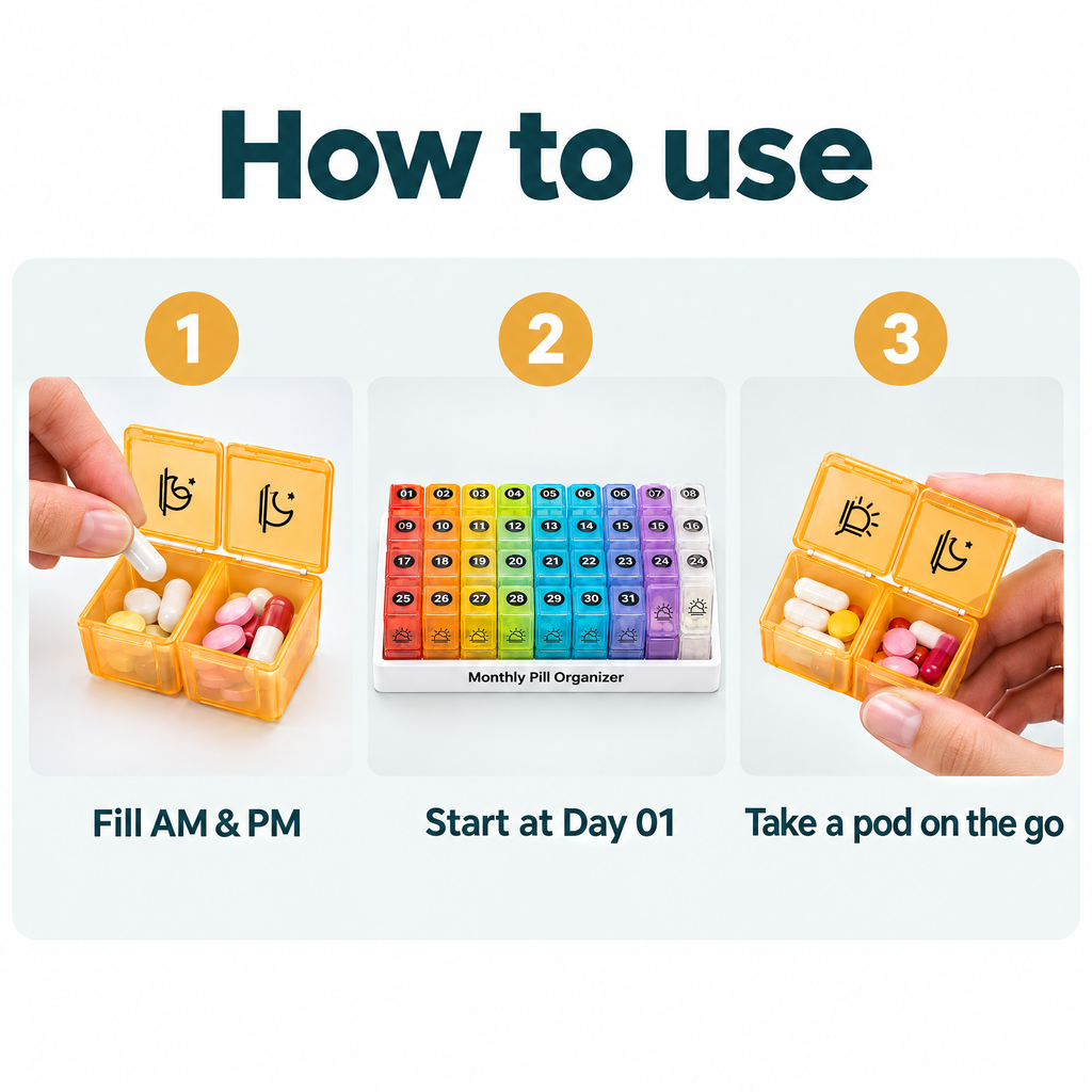 31-Day Monthly Pill Organizer – how to use