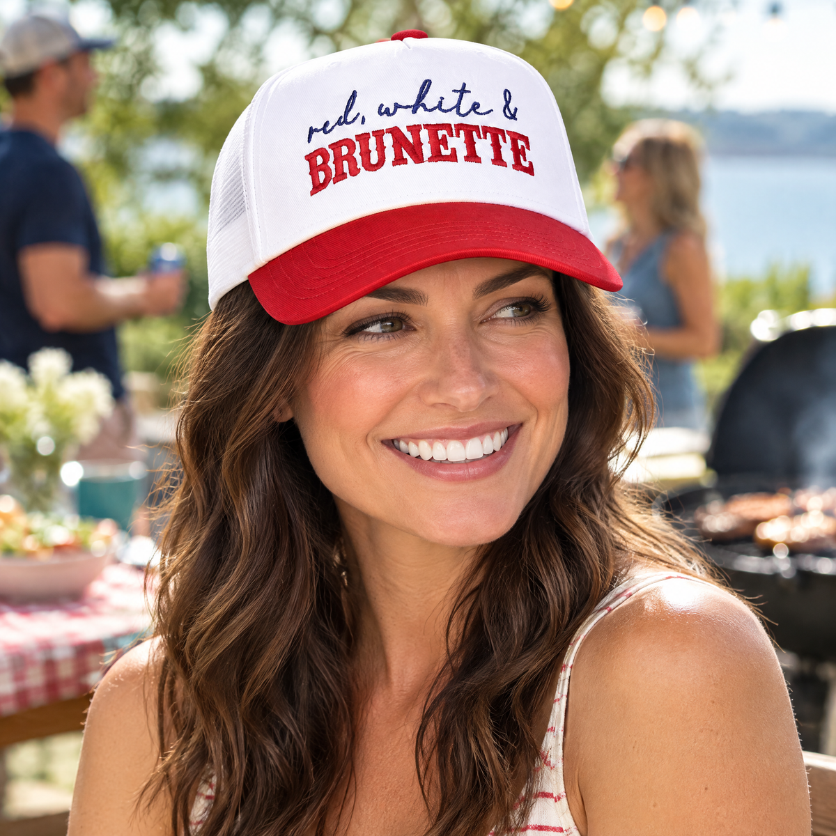 Red, White & Brunette Trucker Hat – in use