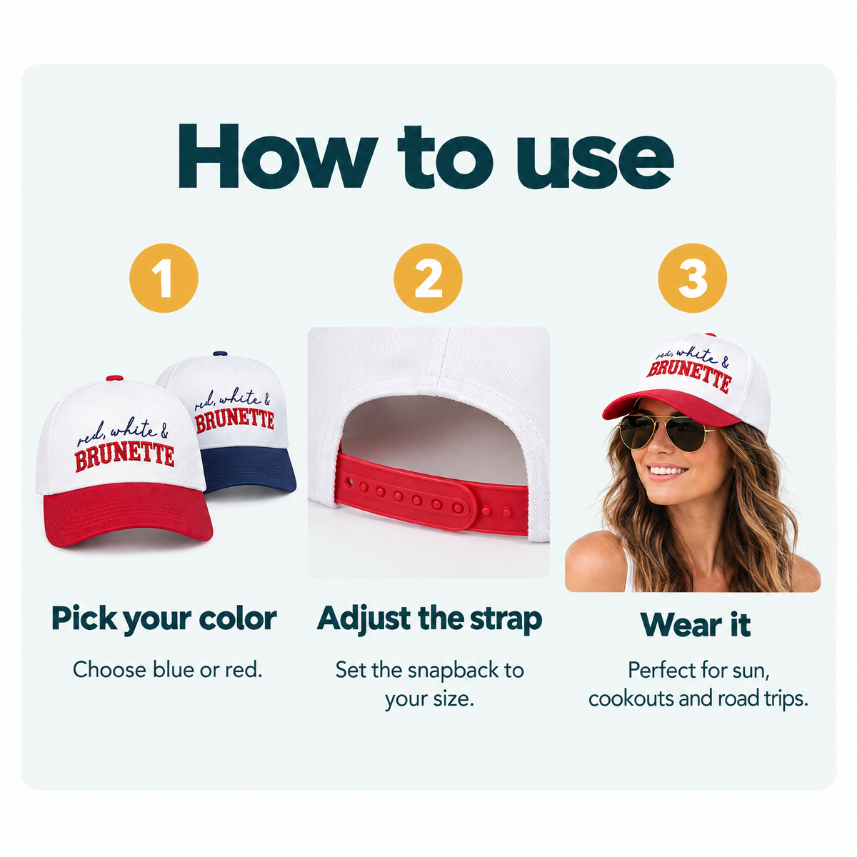 Red, White & Brunette Trucker Hat – how to use