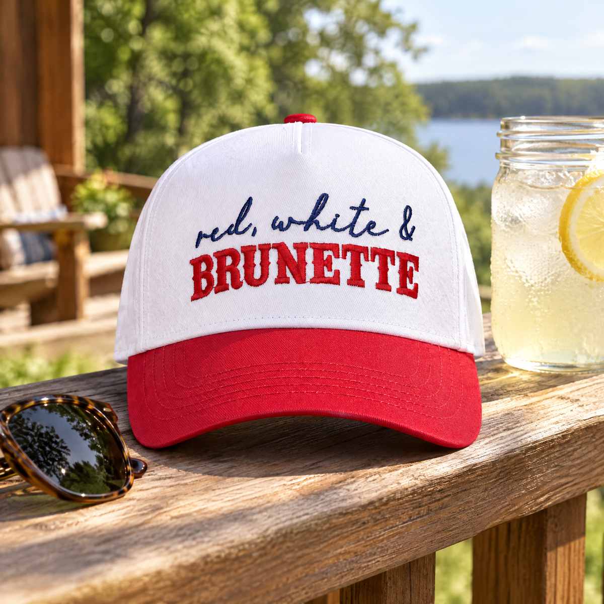 Red, White & Brunette Trucker Hat – lifestyle
