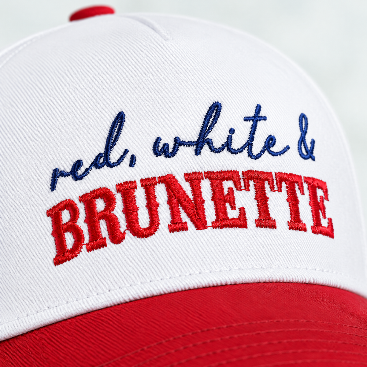 Red, White & Brunette Trucker Hat – close-up