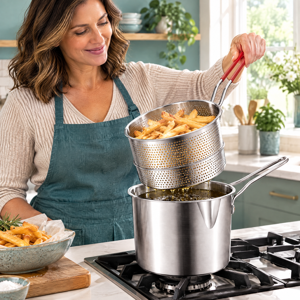 Stainless Steel Deep Fryer Pot with Basket – in use
