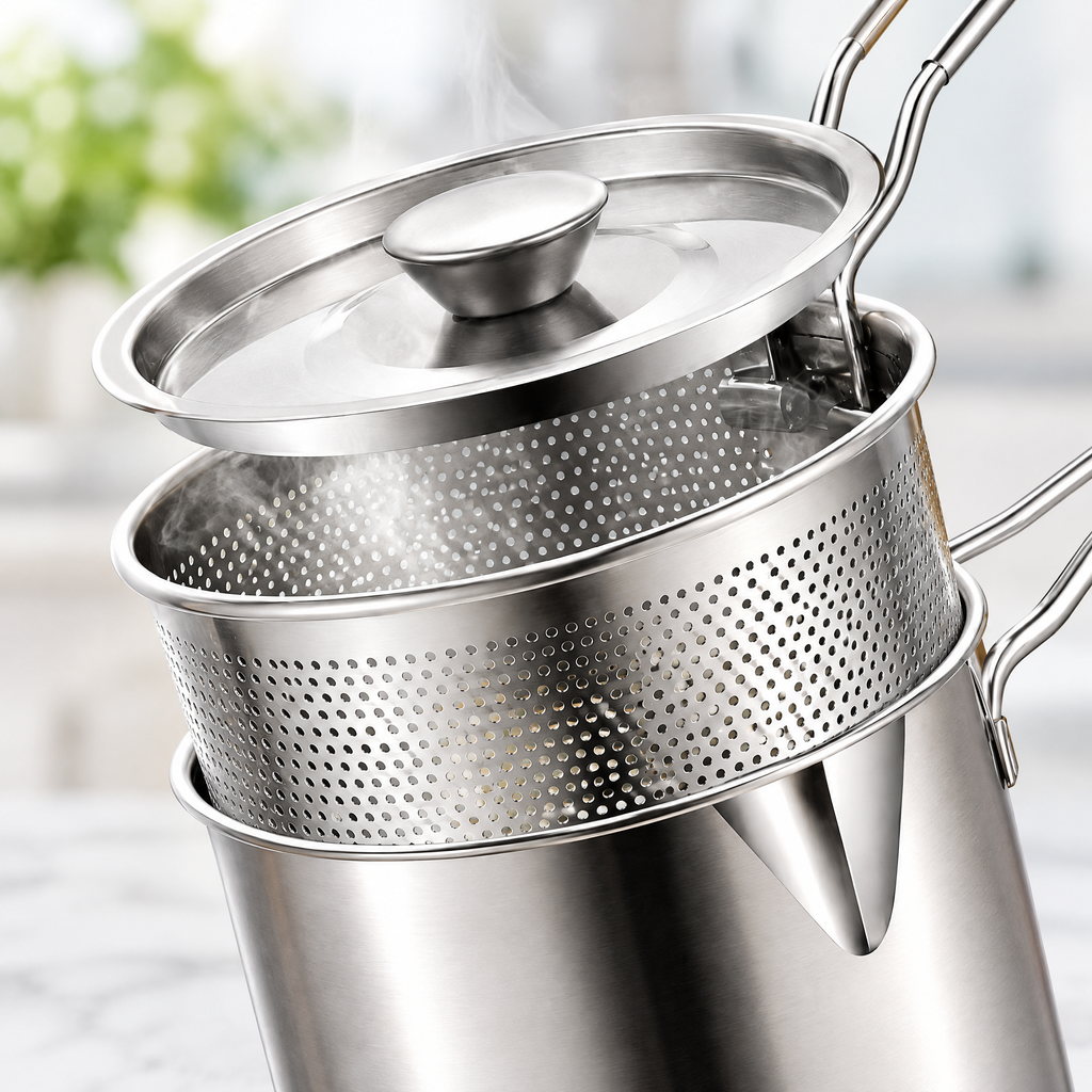 Stainless Steel Deep Fryer Pot with Basket – close-up