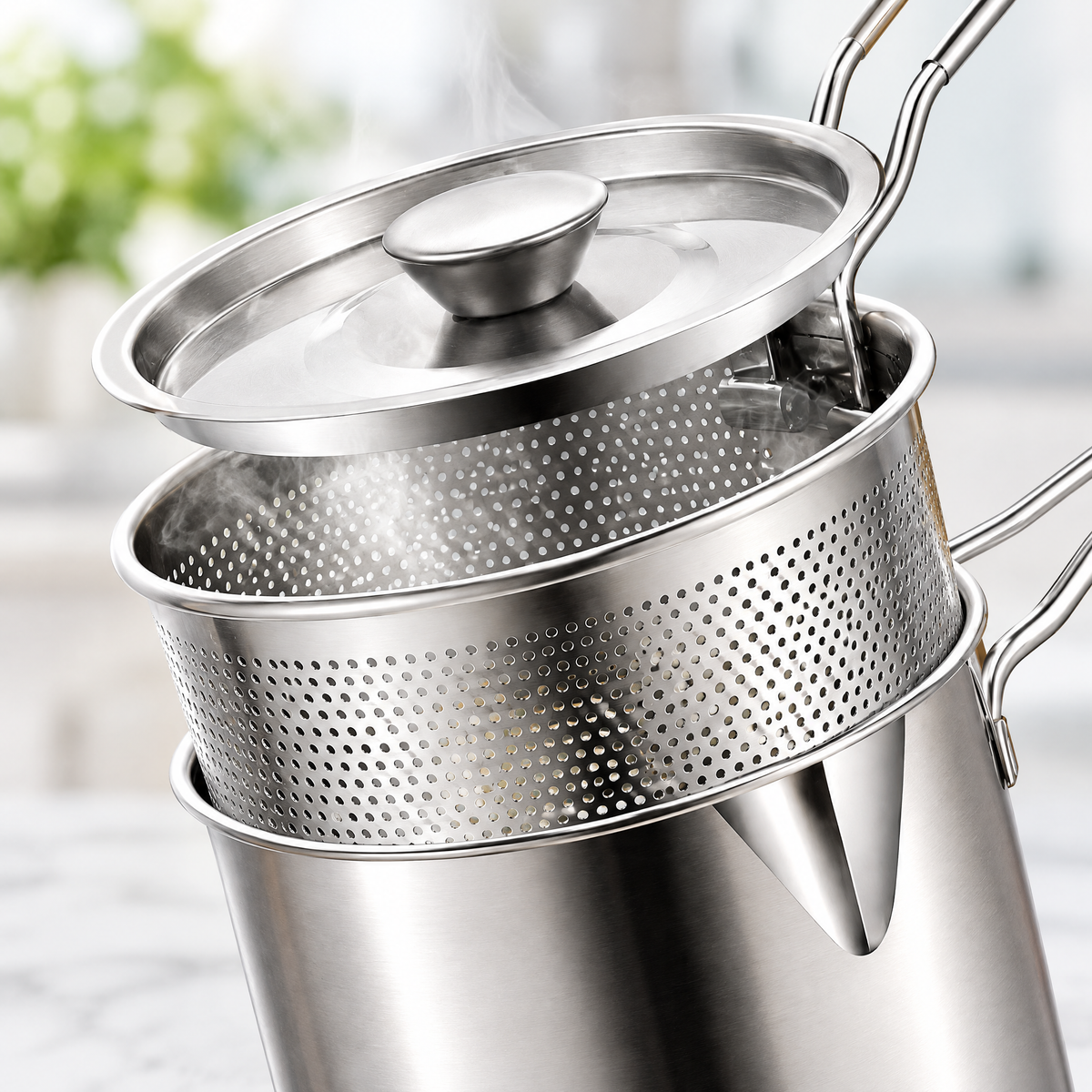 Stainless Steel Deep Fryer Pot with Basket – close-up