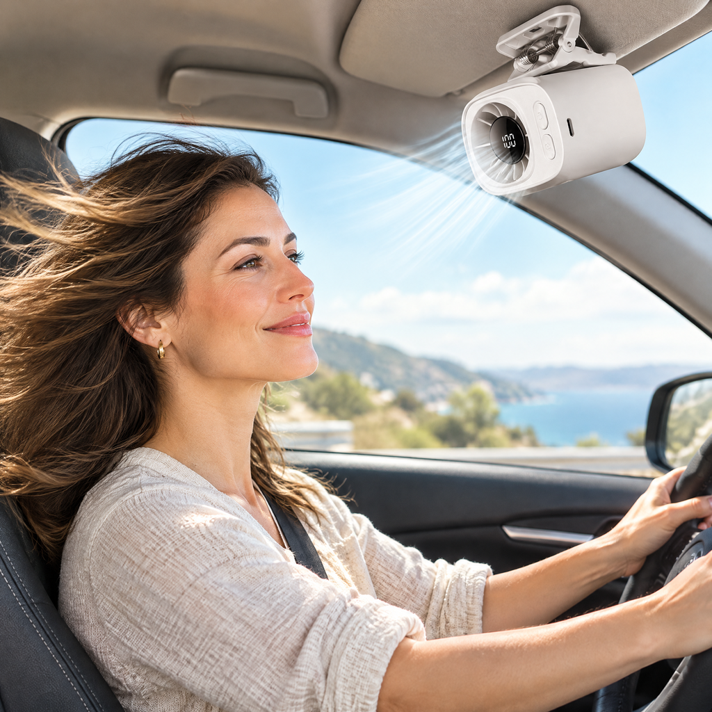 Rechargeable Car Visor Fan – in use