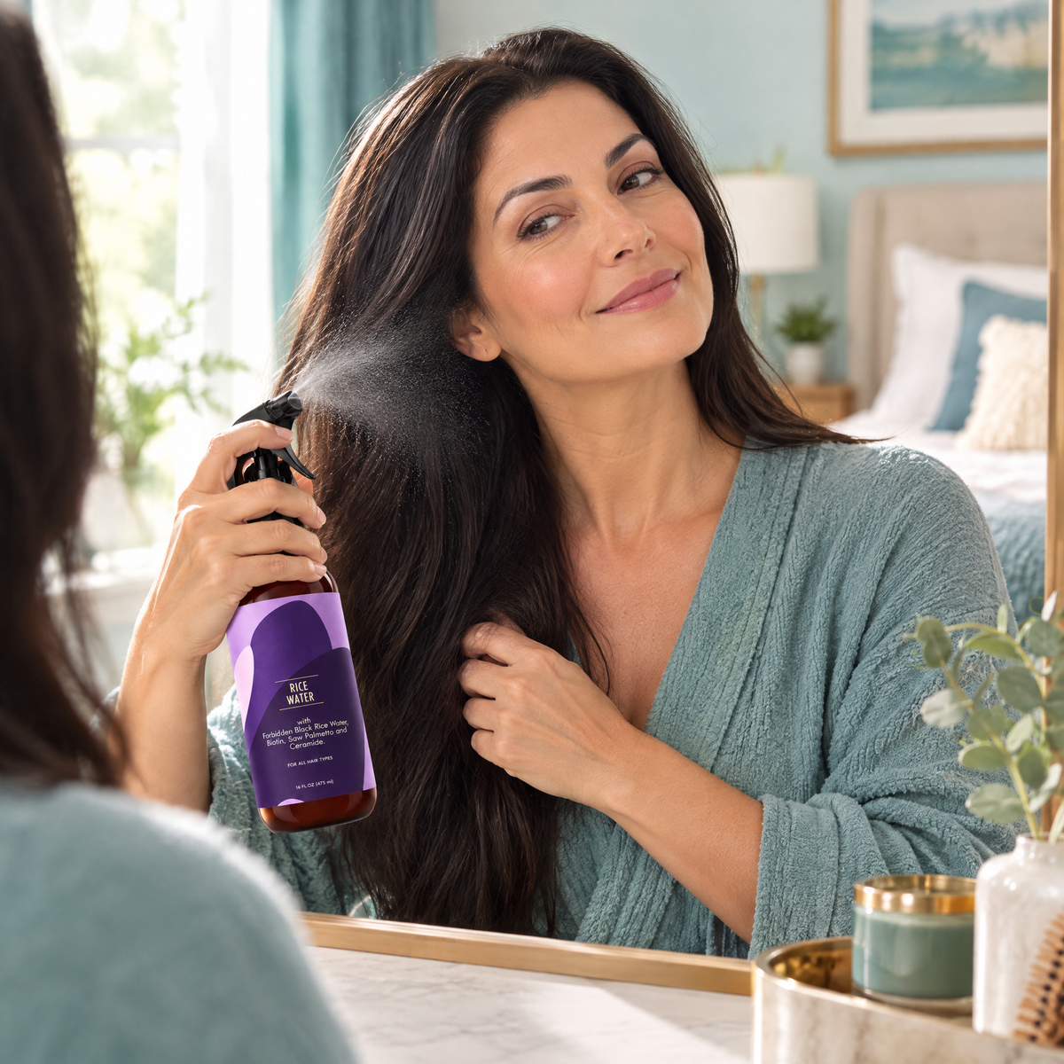 Black Rice Strengthening Hair Mist – in use