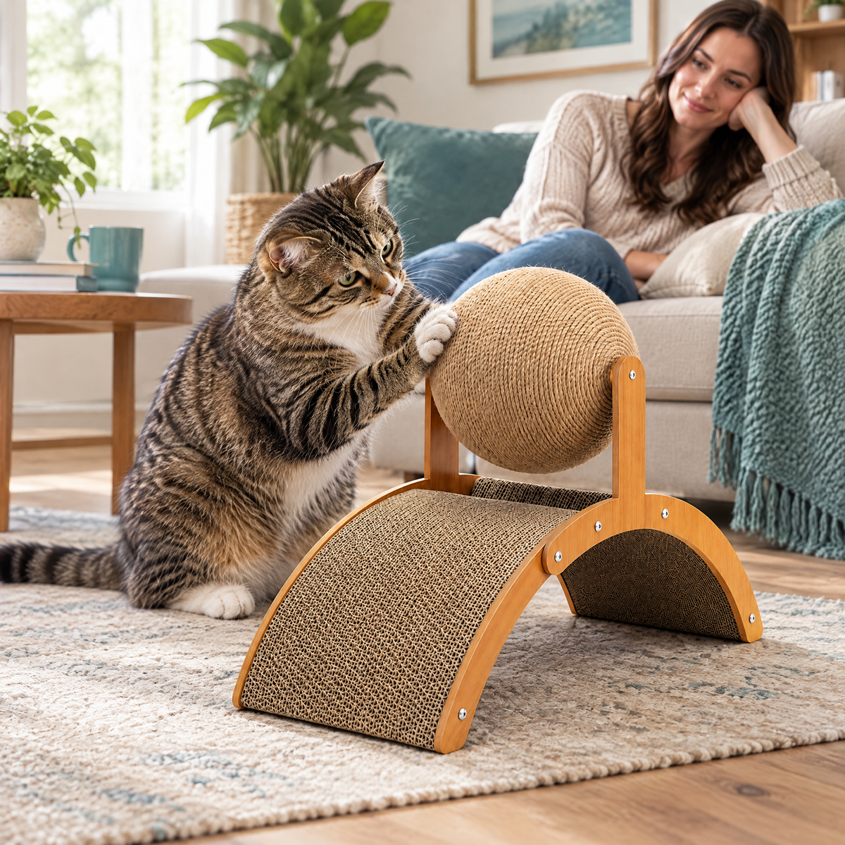 Interactive Cat Scratcher with Spinning Ball – in use