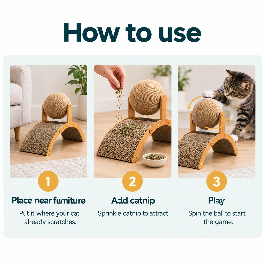 Interactive Cat Scratcher with Spinning Ball – how to use