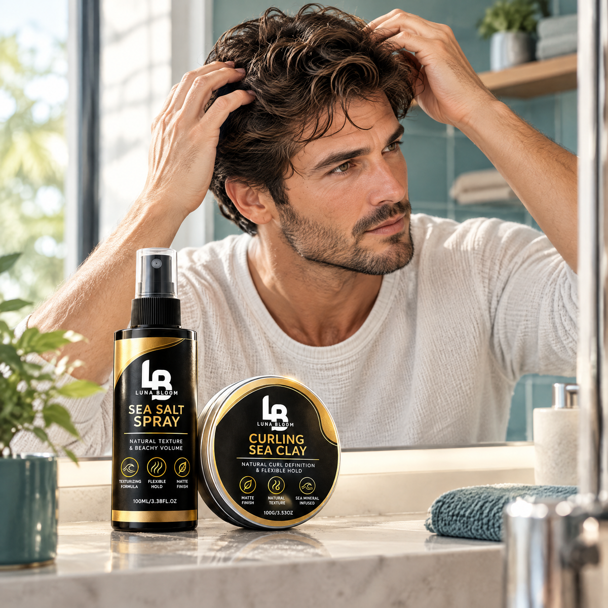 Sea Salt Spray & Curling Sea Clay Bundle – in use